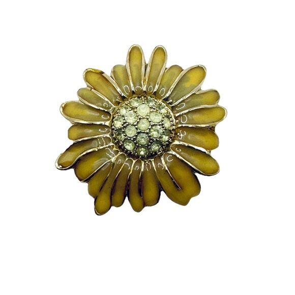 Liz Claiborne Flower Brooch Pin Enamel with Multi Rhinestone Center Gold Tone - Picture 1 of 4